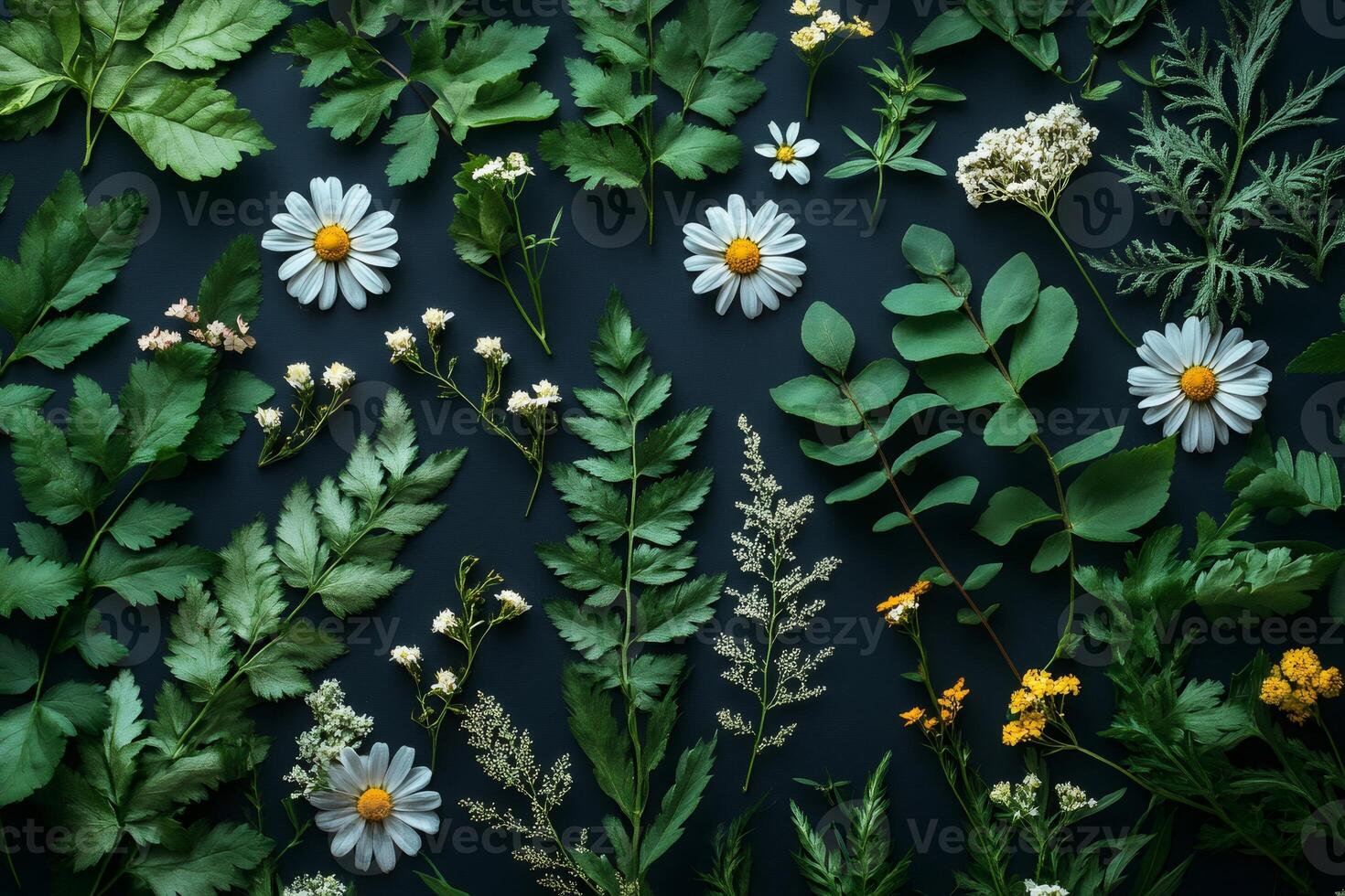 Collection of diverse greenery and daisies on dark background photo