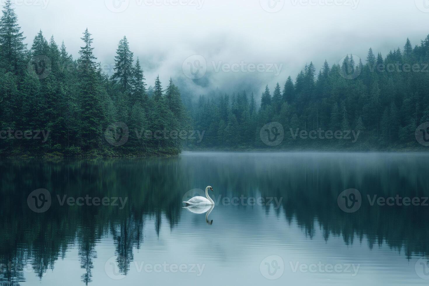White swan swimming on a misty lake surrounded by pine trees photo