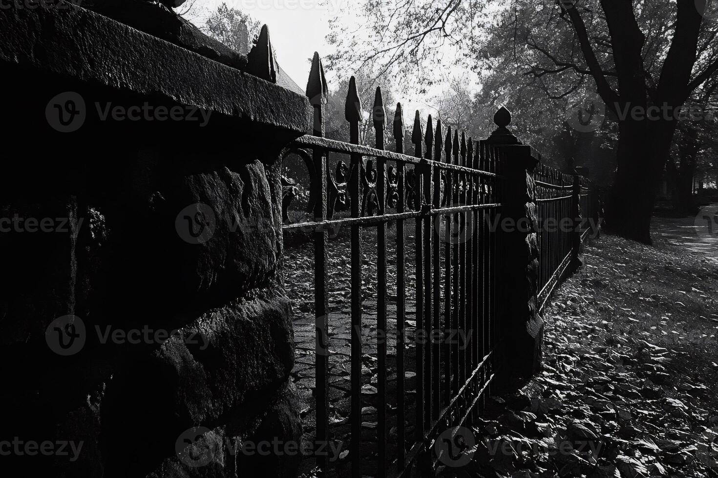 Wrought iron fence protecting cobblestone path in black and white photo