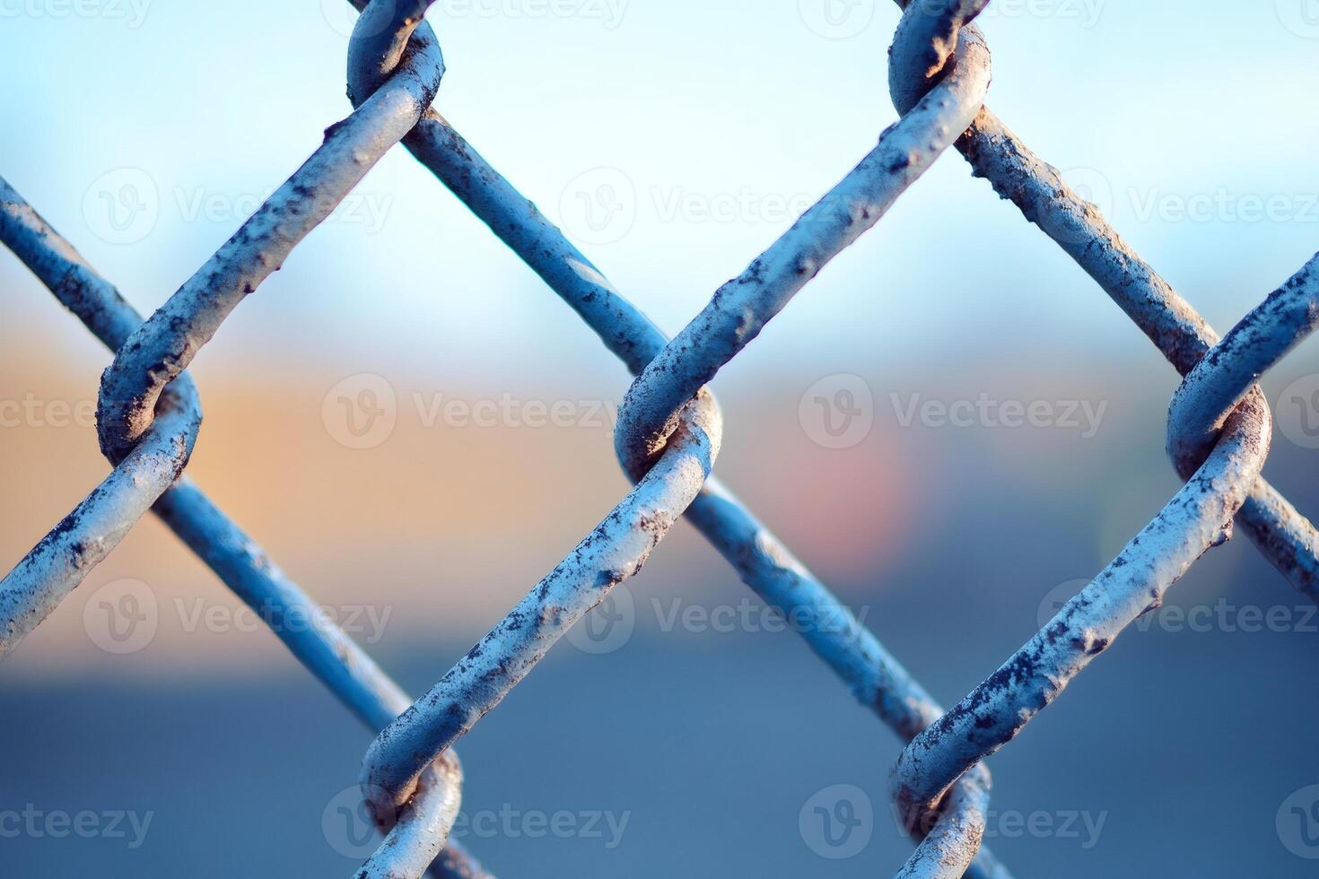 Close up of weathered chain link fence with blurred background photo