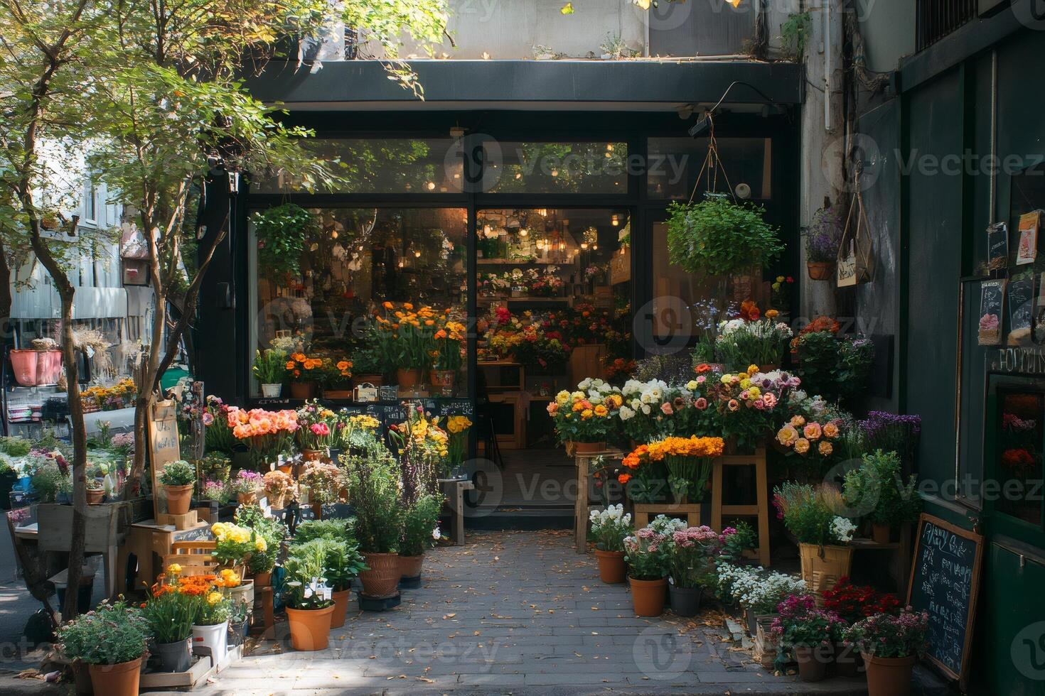 Charming flower shop displaying colorful blooms photo