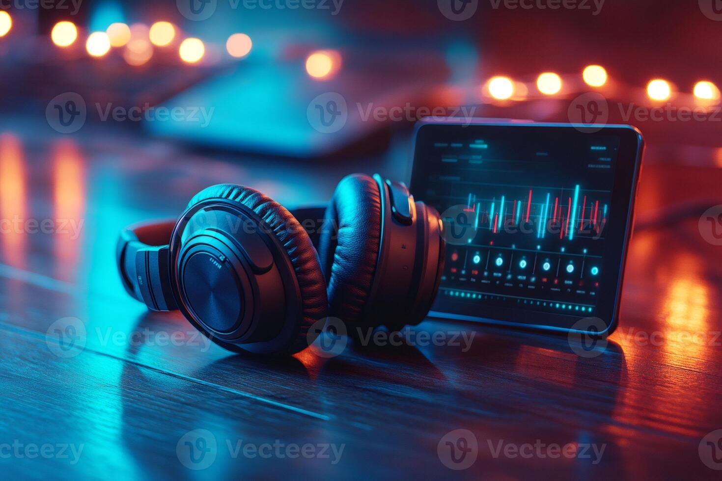 Professional headphones and digital audio workstation showing soundwave on screen photo