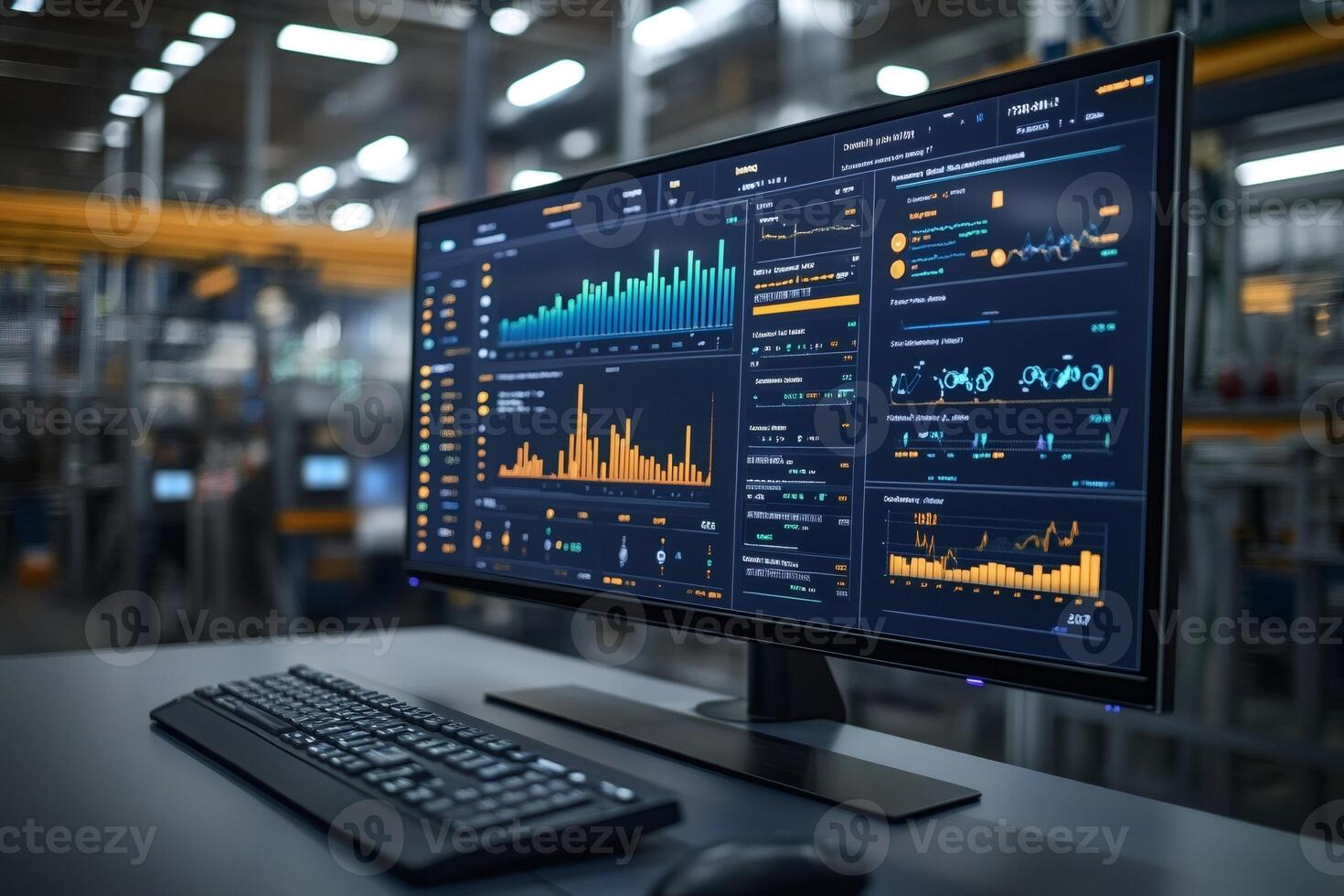 Computer showing real-time production monitoring dashboard in modern factory. photo