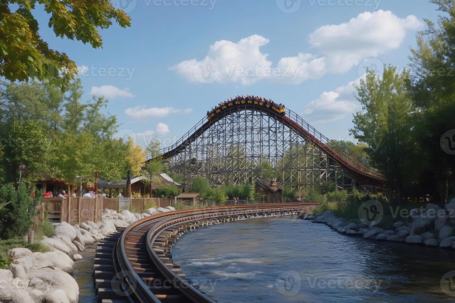 Rollercoaster passing over river in amusement park on sunny day photo