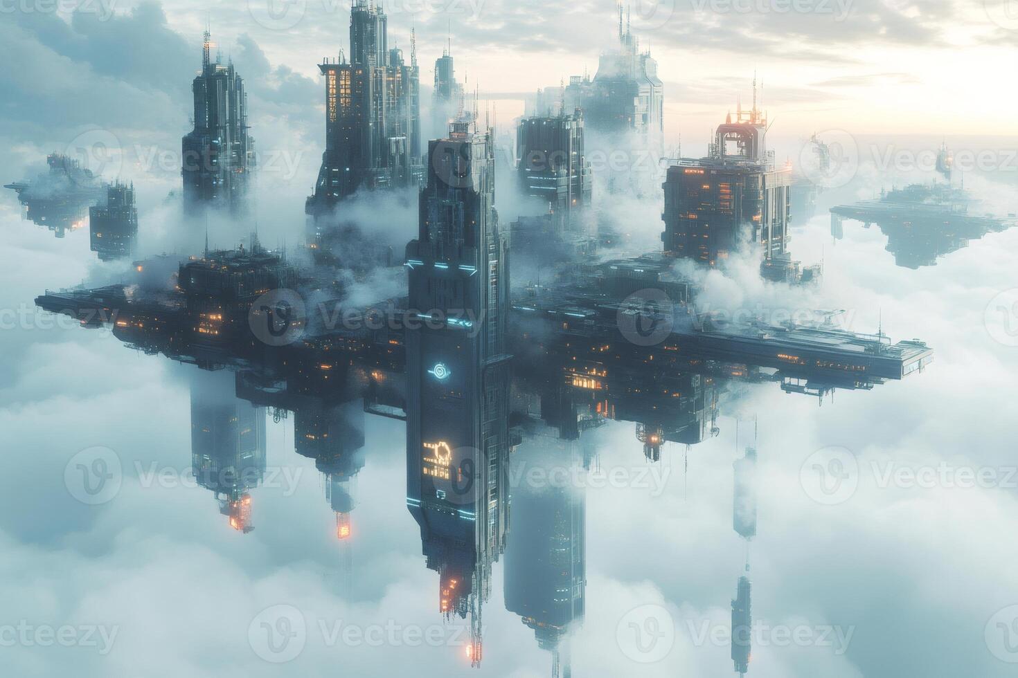 Futuristic city floating in the clouds, a vision of urban life above the earth photo