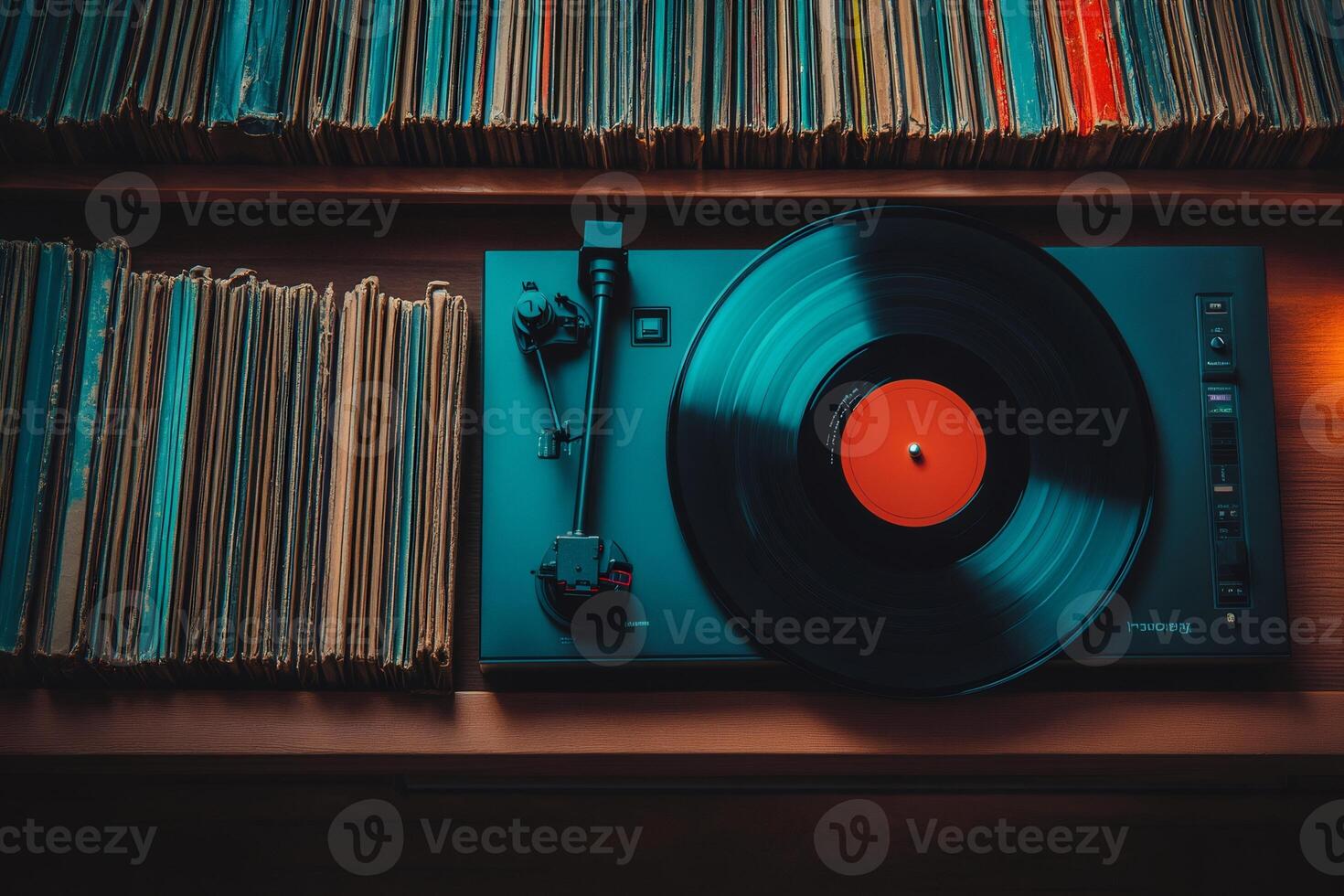 Vintage turntable playing vinyl record in retro setting. photo