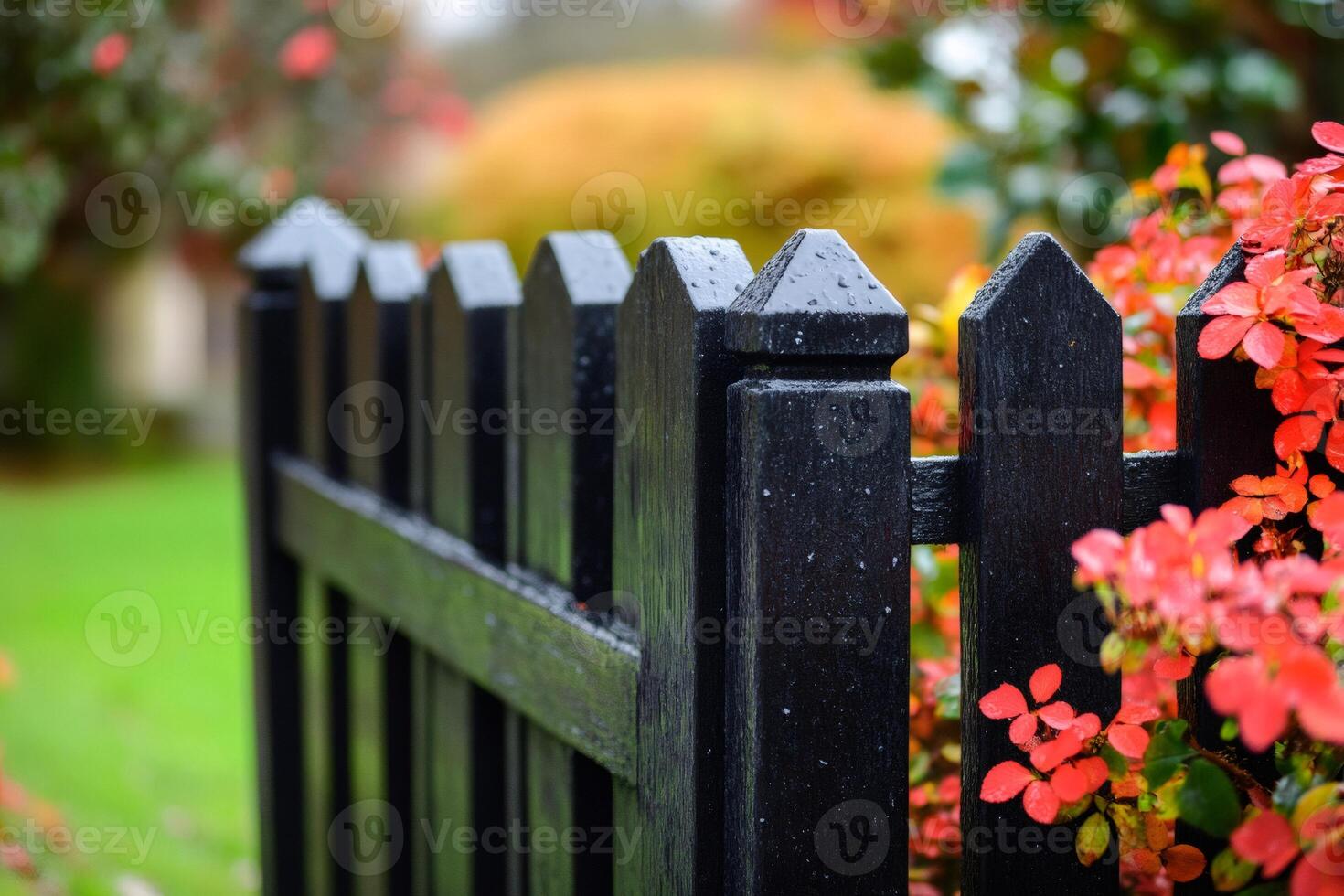 Black picket fence with rain drops in front of garden with red flowers photo