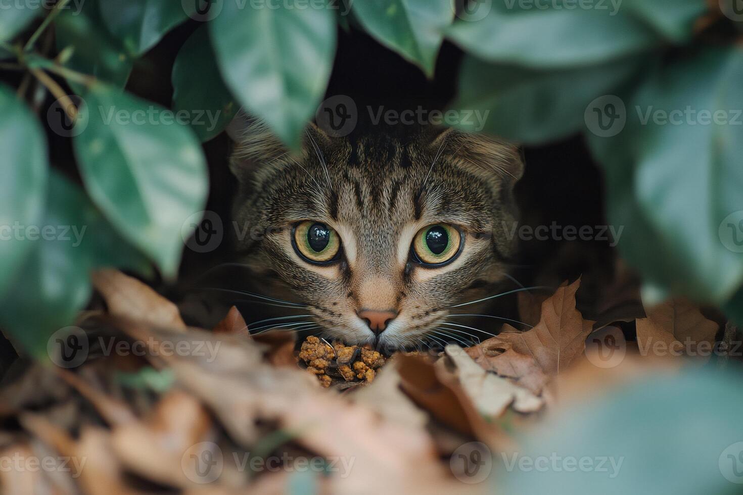 Curious cat hiding in green bushes and dry leaves photo