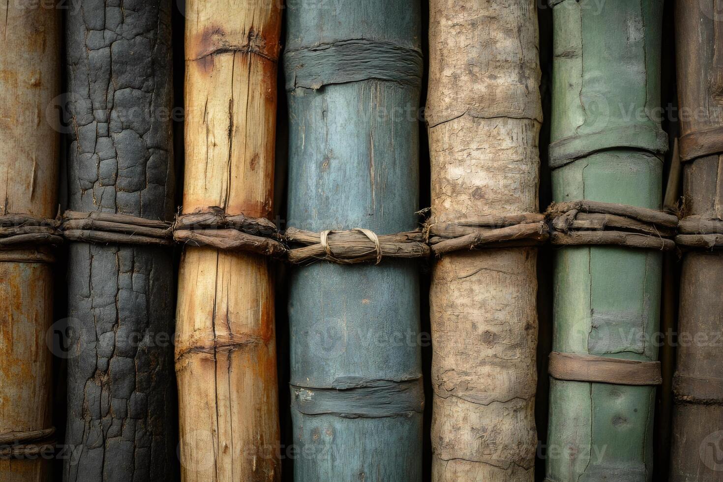 Bundle of bamboo stalks tied together creating a natural fence photo
