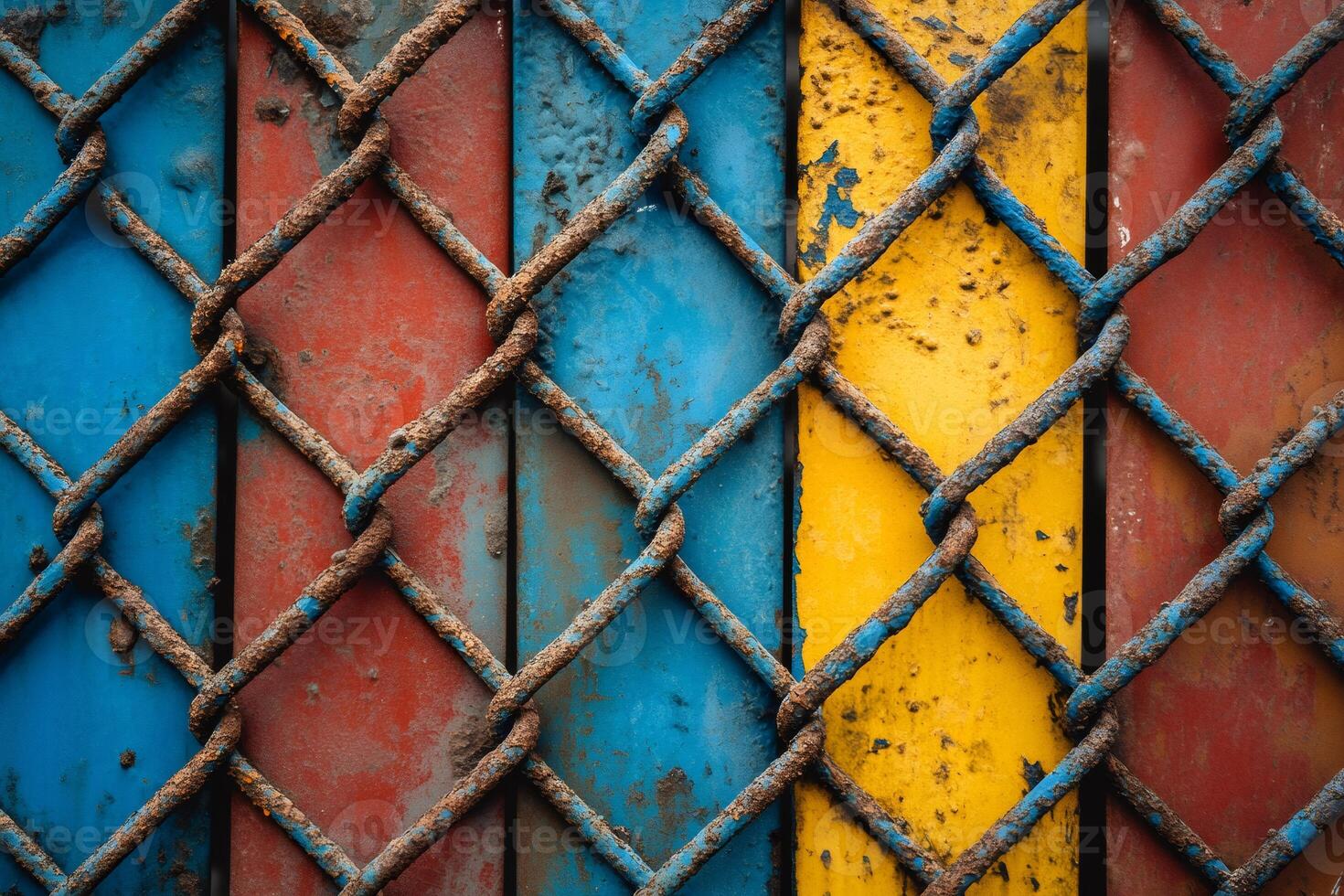 Rusty chain link fence showing colorful red, blue and yellow painted metal background photo