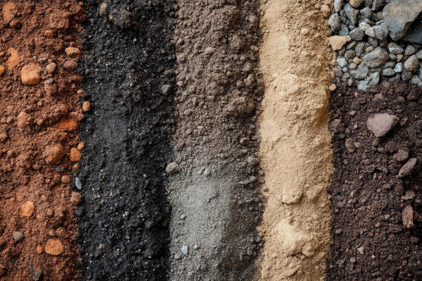 Different soil types showing a variety of textures and colors photo