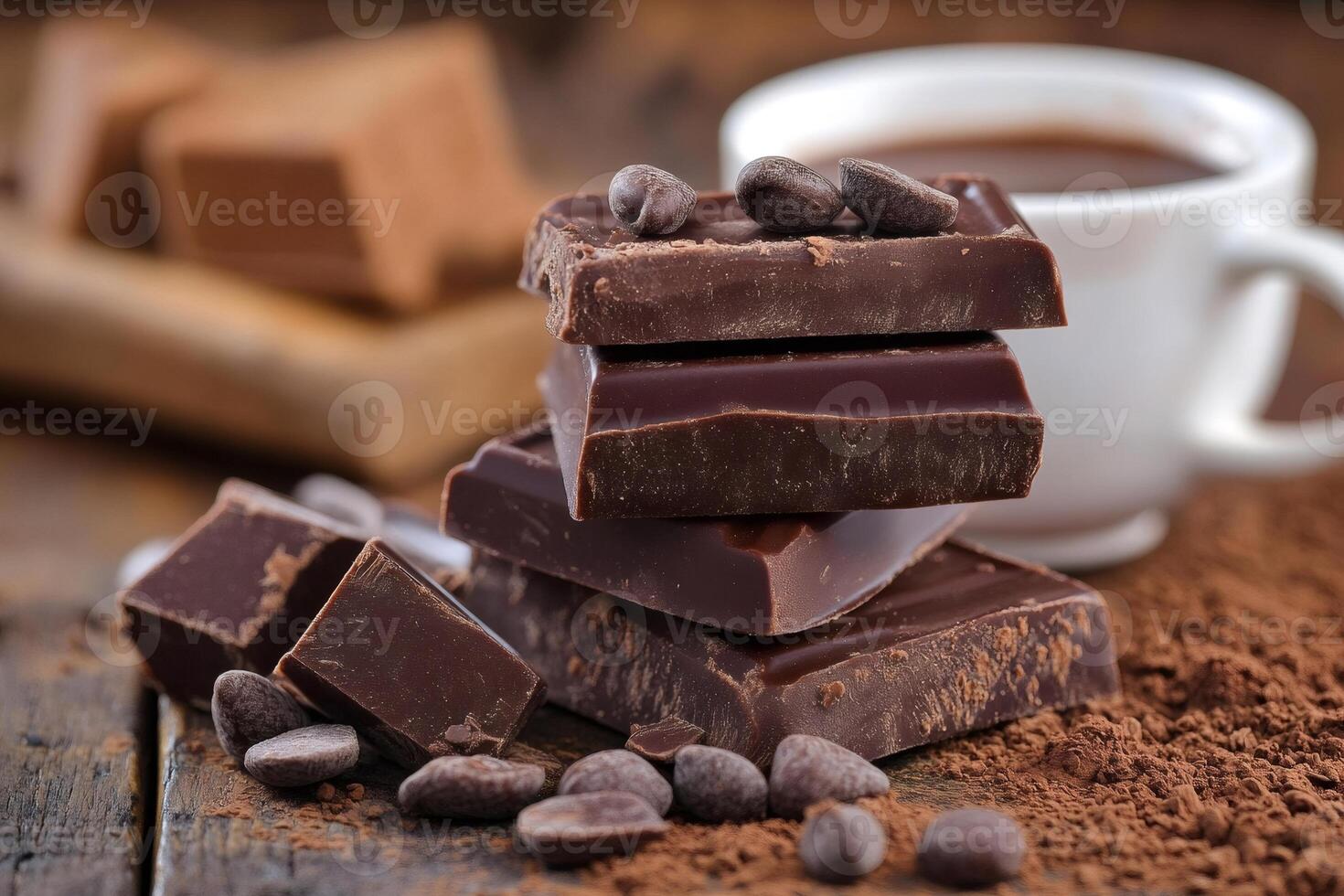 Stack of dark chocolate chunks with coffee beans and cocoa powder photo
