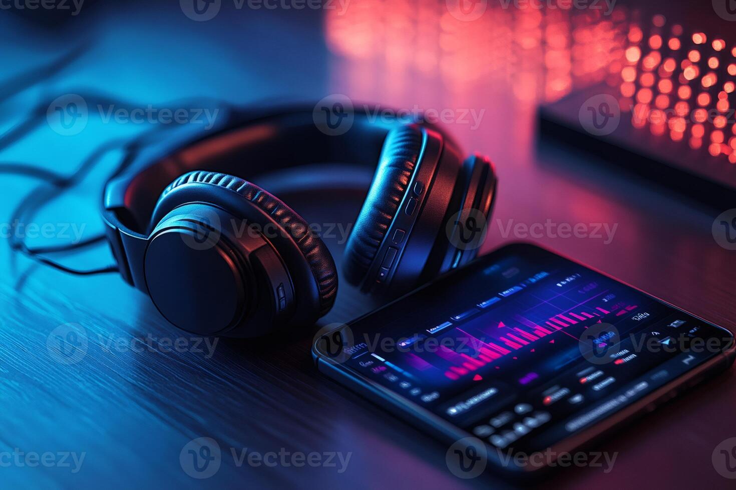 Wireless headphones playing music from smartphone app with colorful equalizer on screen photo