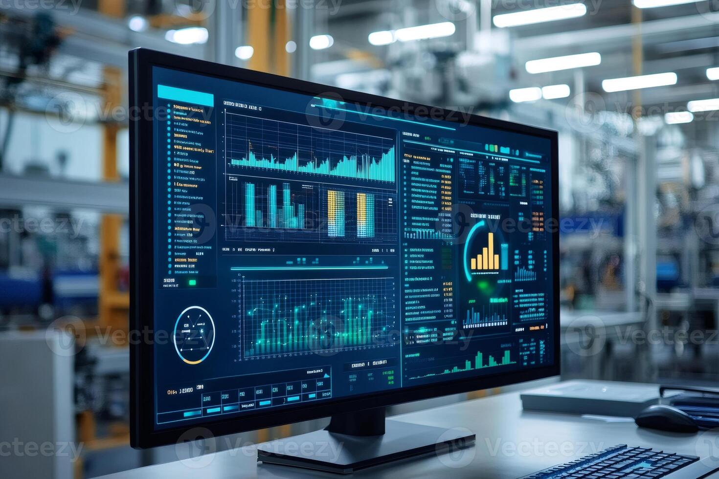 Computer screen showing statistics and data analysis charts in modern factory control room photo