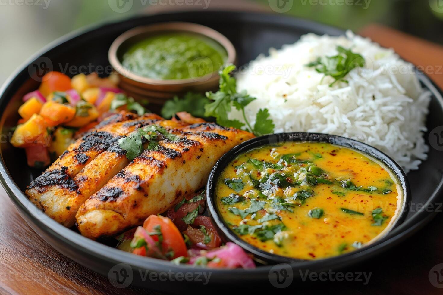 Grilled fish with rice, vegetables, and dipping sauces presenting indian cuisine photo