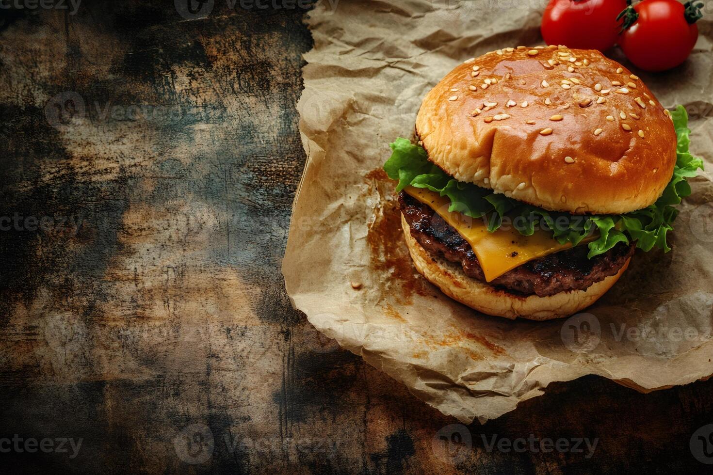 Delicious cheeseburger with lettuce and sesame bun on rustic wooden table photo