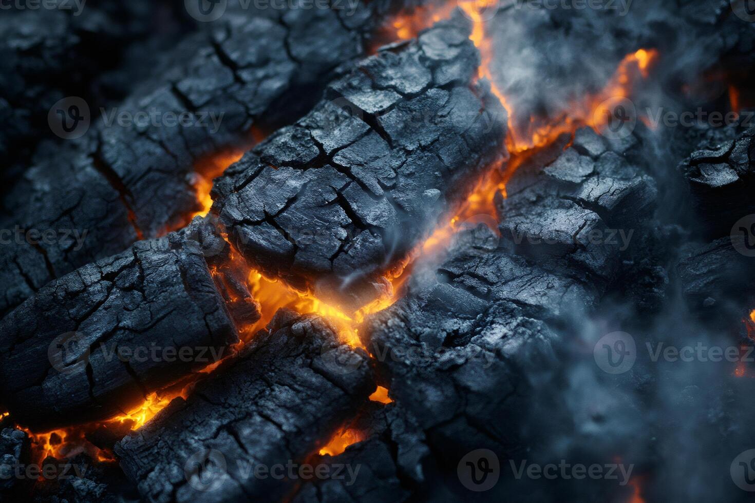 Burning embers glowing with intense heat and smoke photo