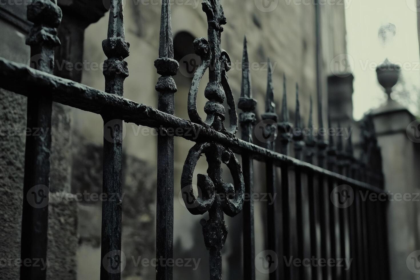 Old black wrought iron fence protecting a stone building photo