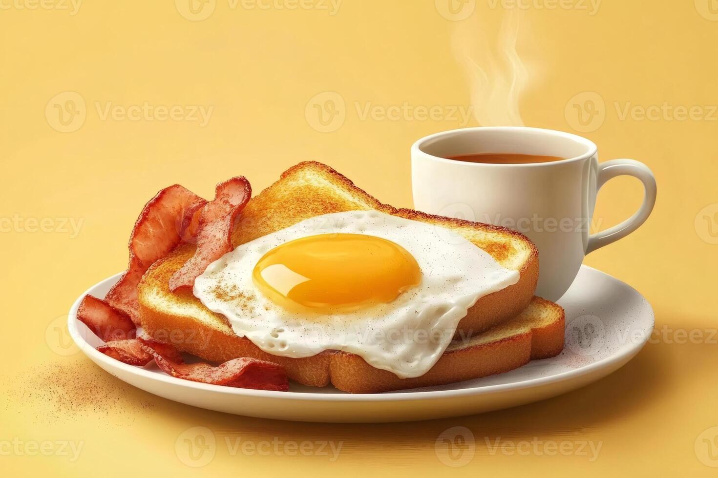 Steaming hot coffee, crispy bacon, and fried egg on toast, breakfast perfection photo