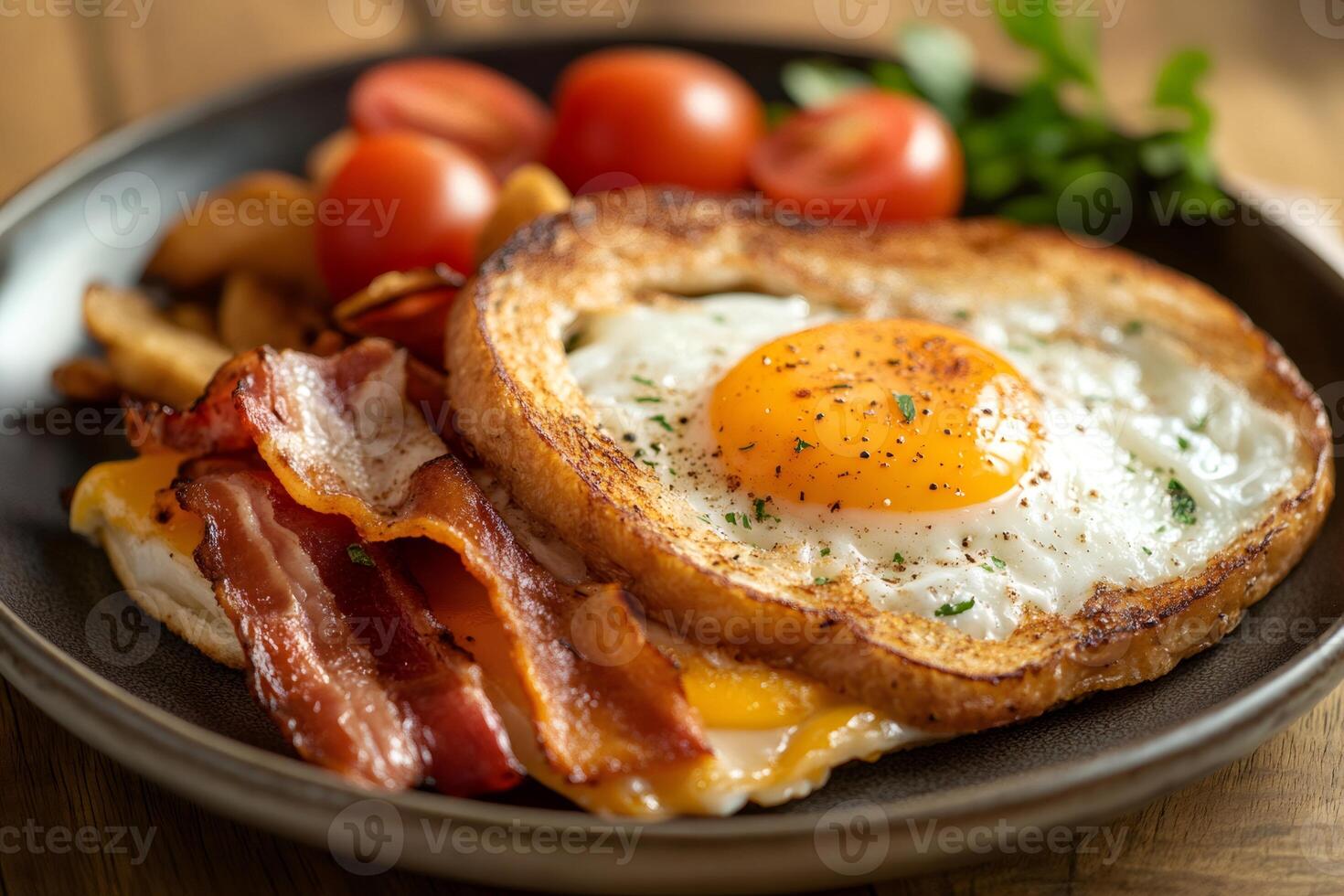Egg in a basket with bacon, cheese, potatoes, and tomatoes for a hearty breakfast photo