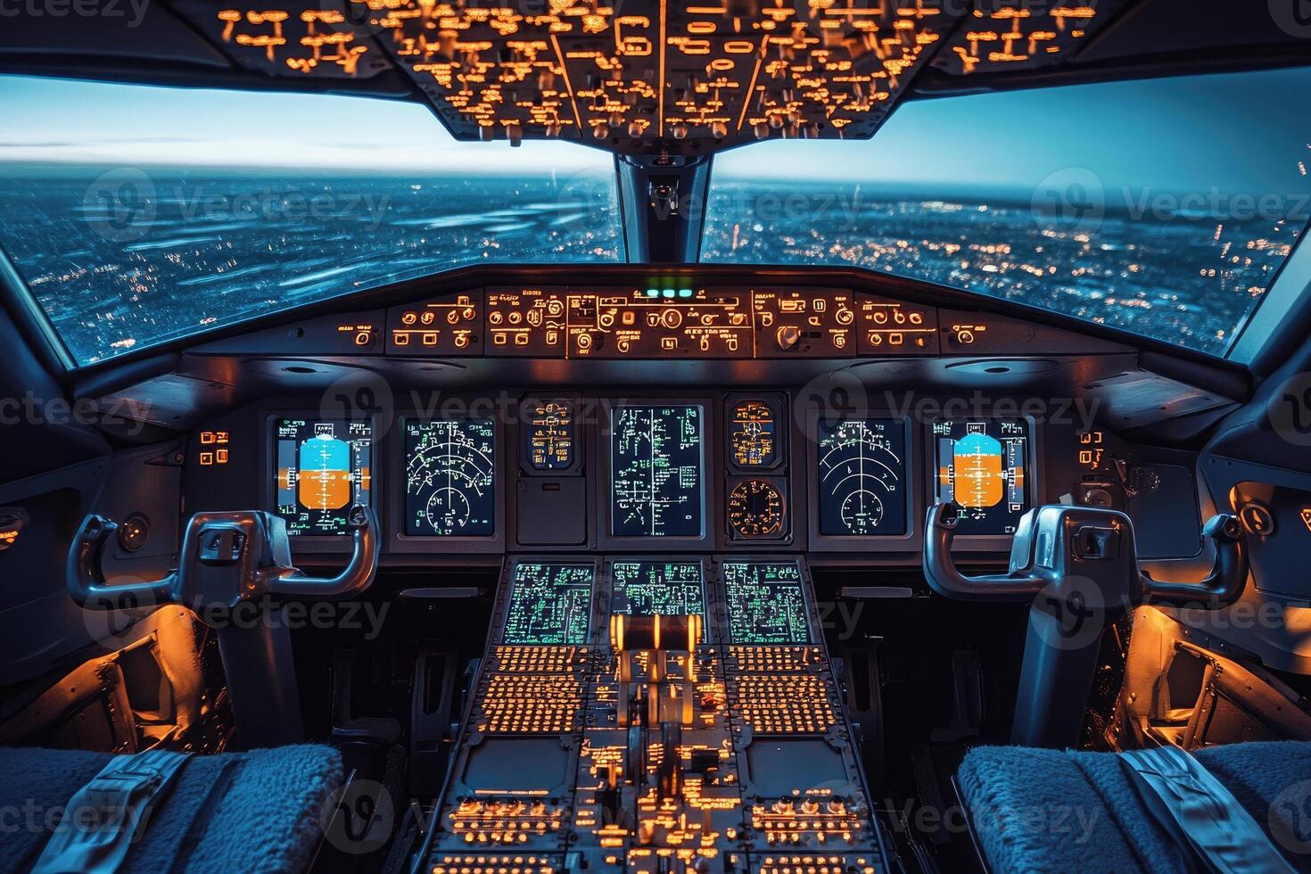 Airplane cockpit lights up at night, ready for takeoff. photo