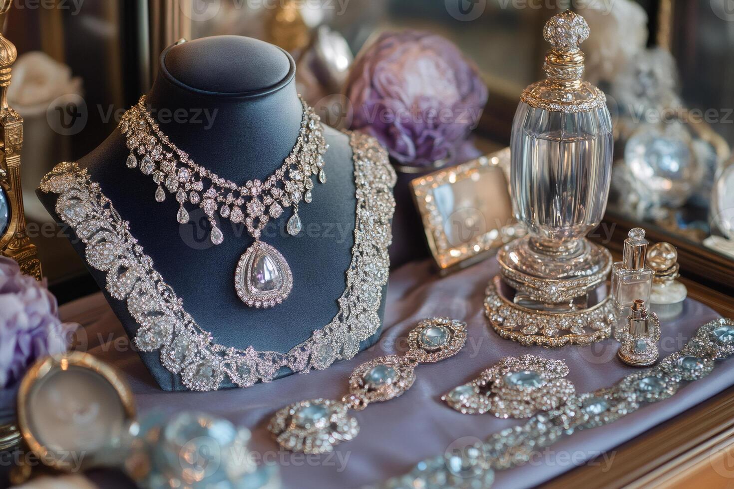 Diamond necklace and perfume bottle displayed on silk cloth photo