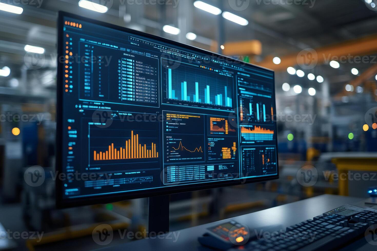 Computer screen showing various production line charts and data in a modern factory photo