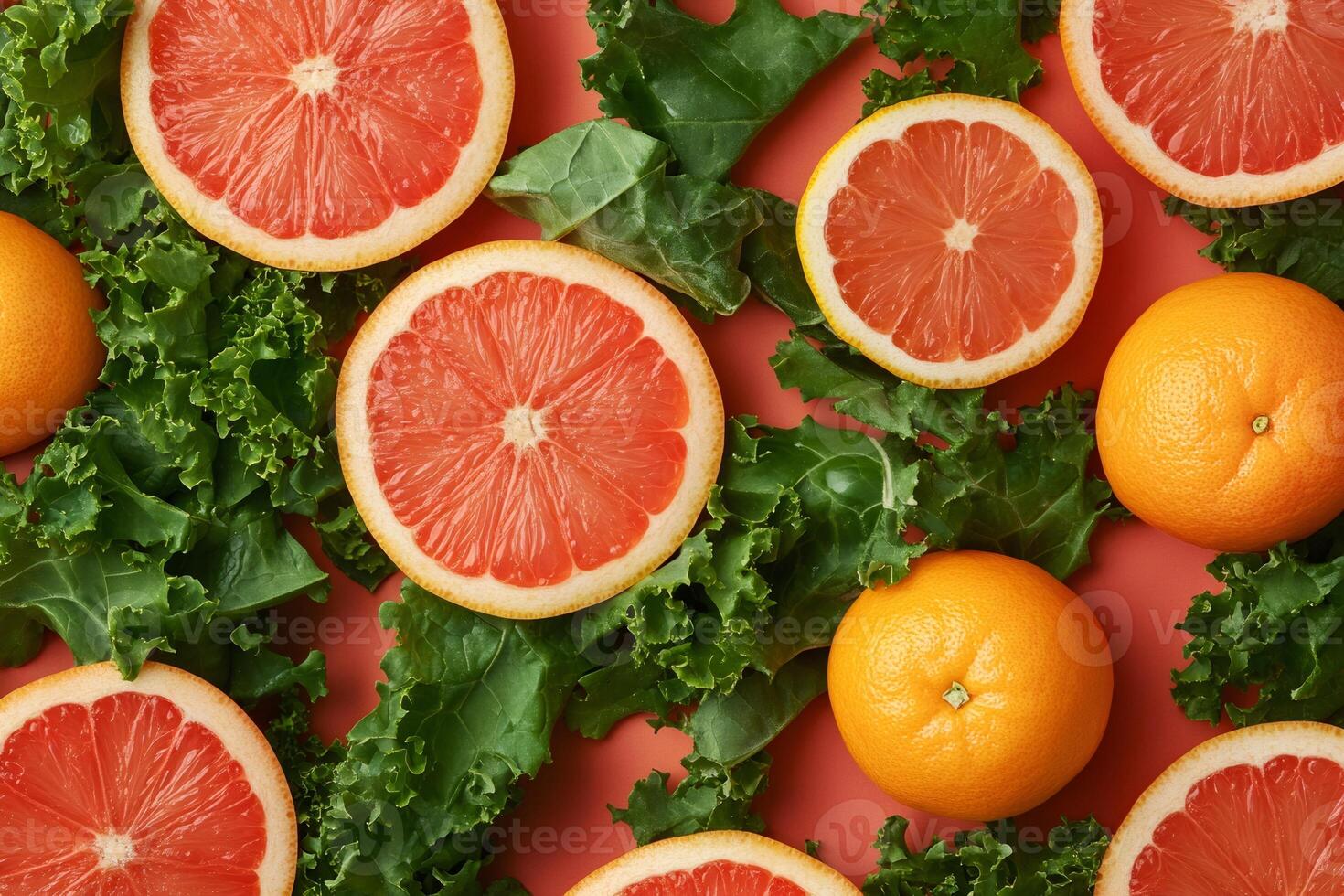 Sliced grapefruit and oranges with kale leaves on pink background photo