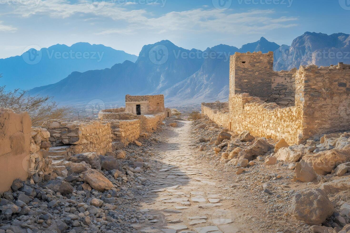 Dilapidated stone path leading through ruined ancient city in mountains photo