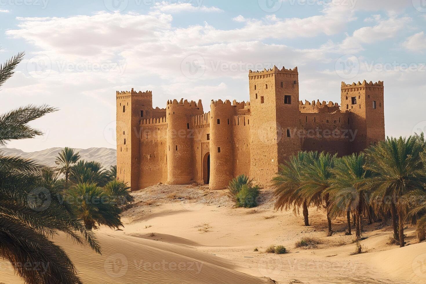 Ancient castle emerging from the desert sands with palm trees photo