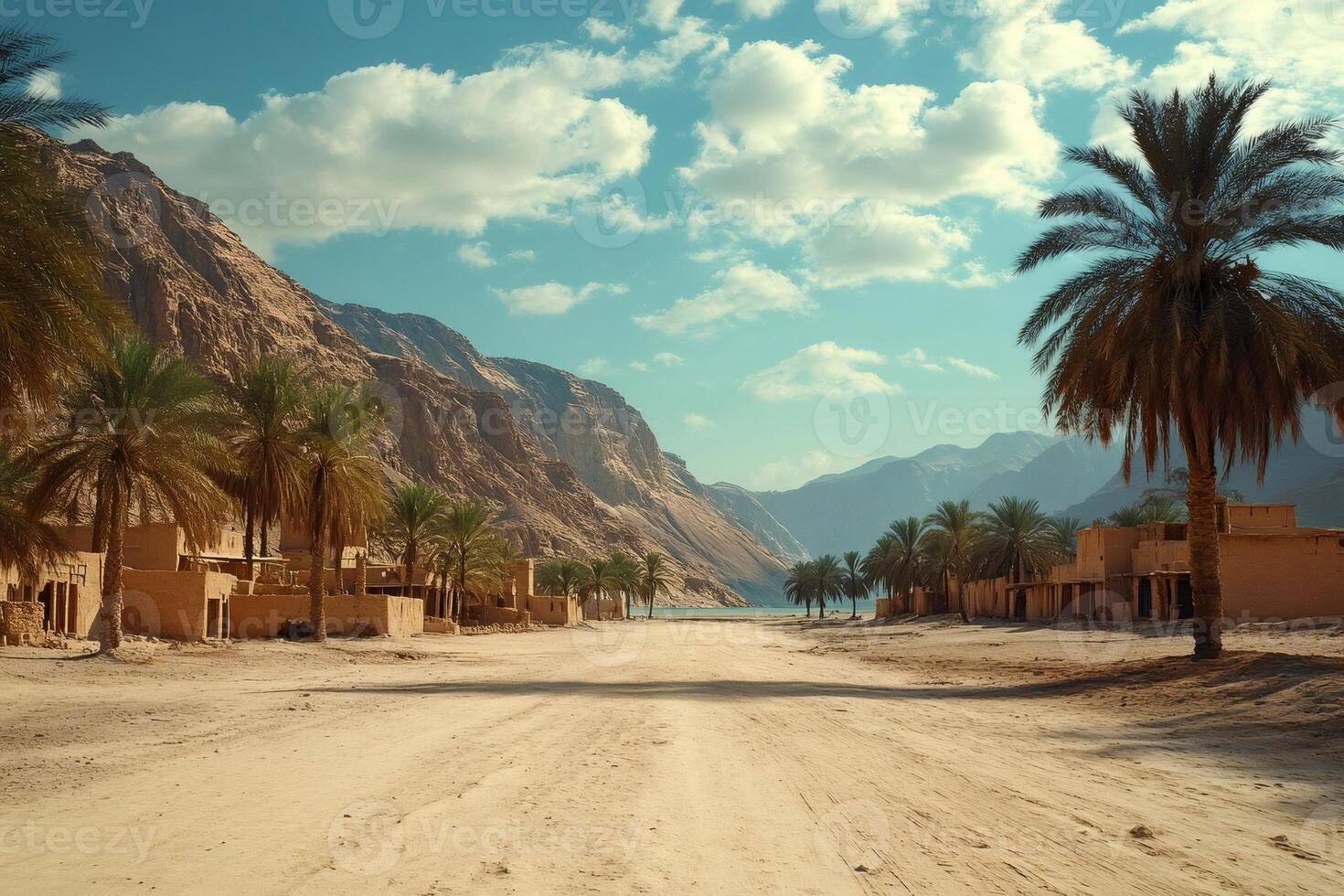 Serene desert village with palm trees and mountains photo