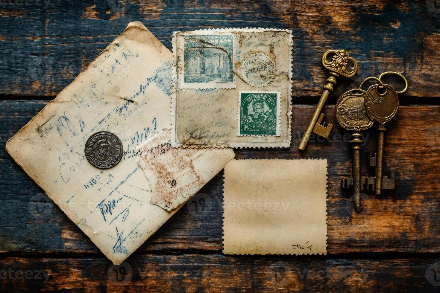 Old keys, letters, coin and stamps resting on wooden table photo