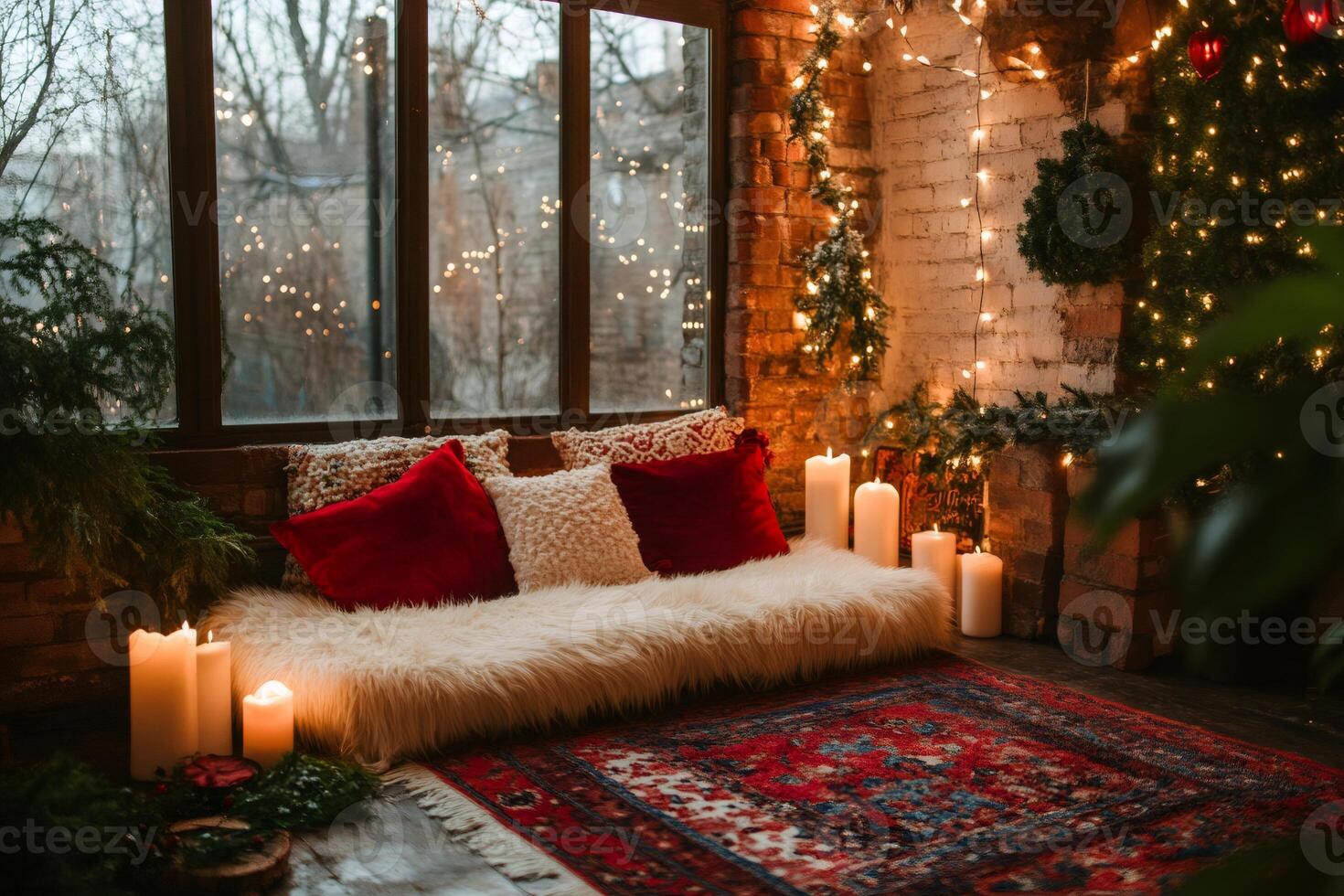 Cozy christmas interior with burning candles and string lights decorating brick wall photo