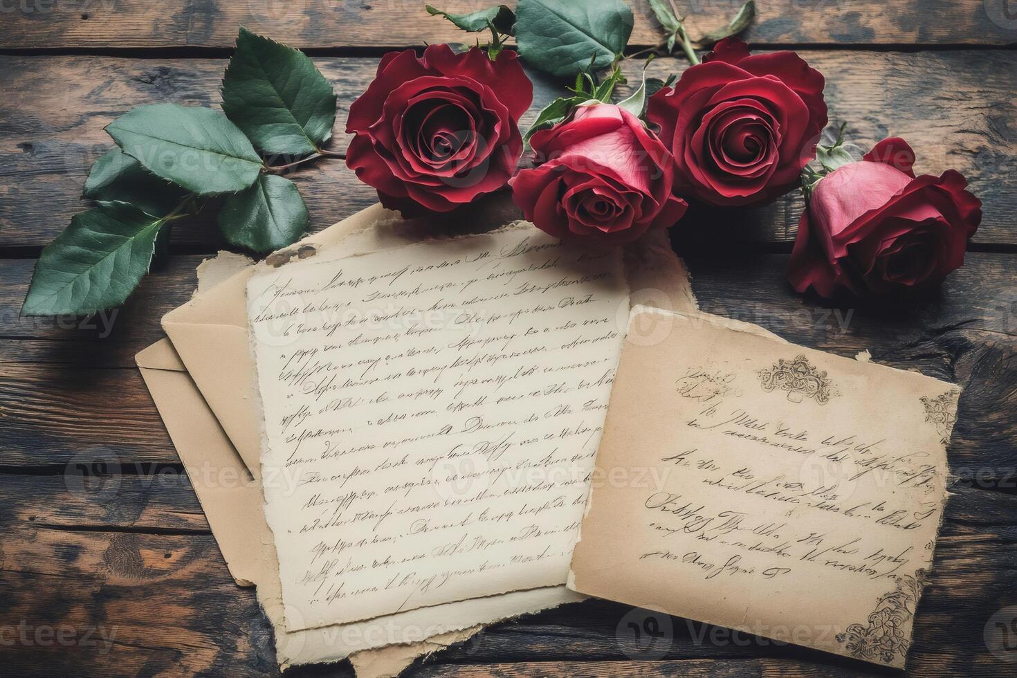 Red roses and old letters resting on rustic wooden table photo
