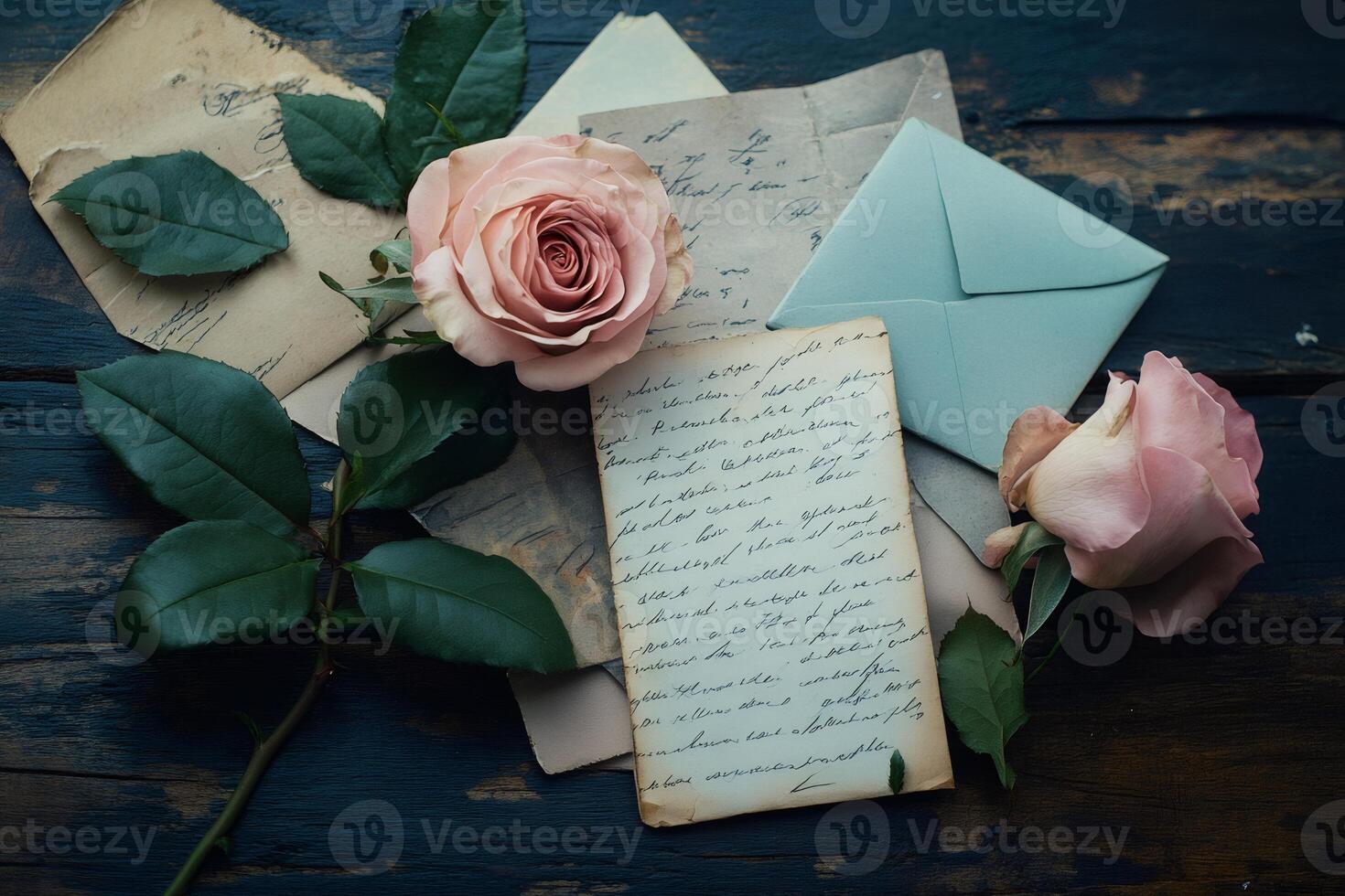 Pink roses lying on old letters and envelopes on rustic wooden table photo