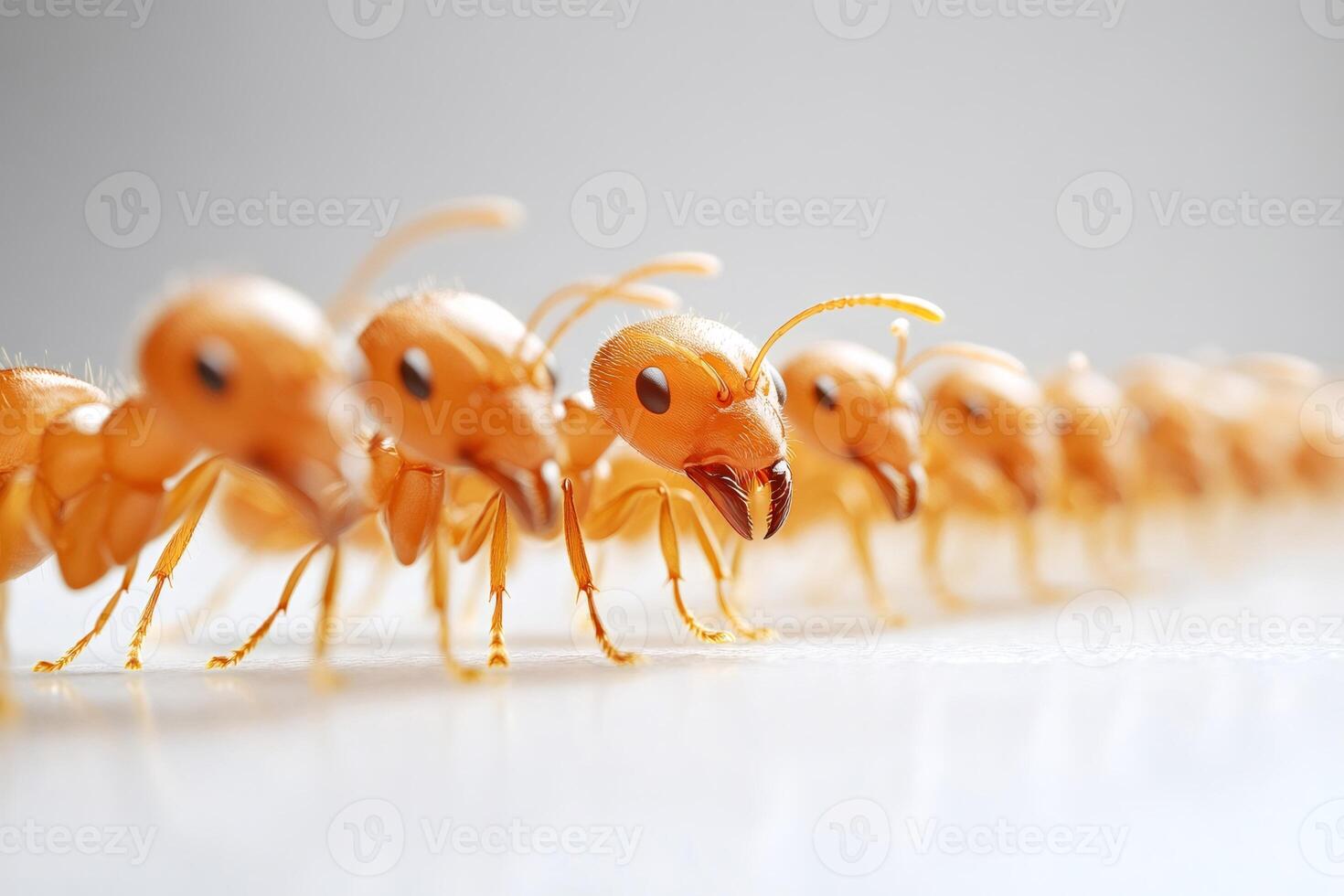 Row of ants marching forward on white surface photo