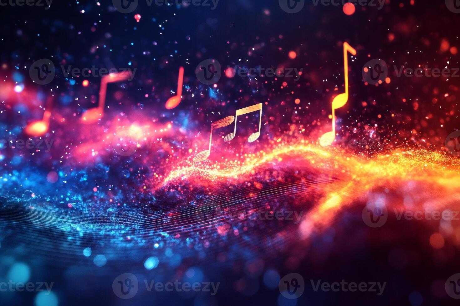 Vibrant musical notes floating in cosmic space photo