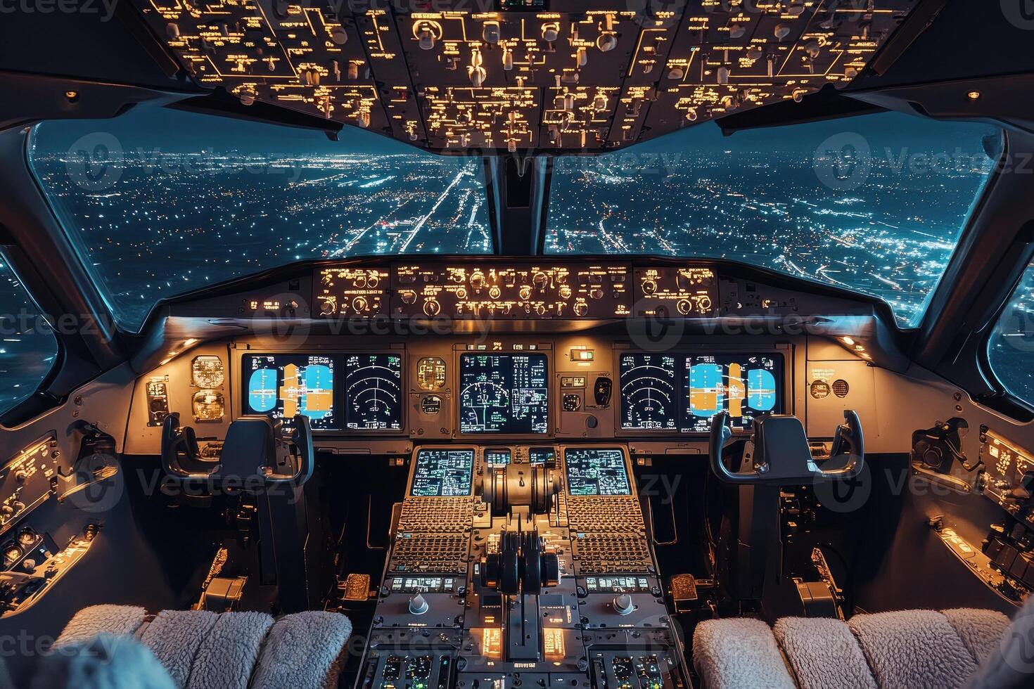 Airplane cockpit flying over illuminated city at night. photo