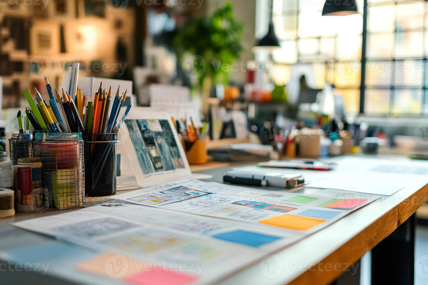 Designer working on creative project using pencils and sticky notes in modern office photo