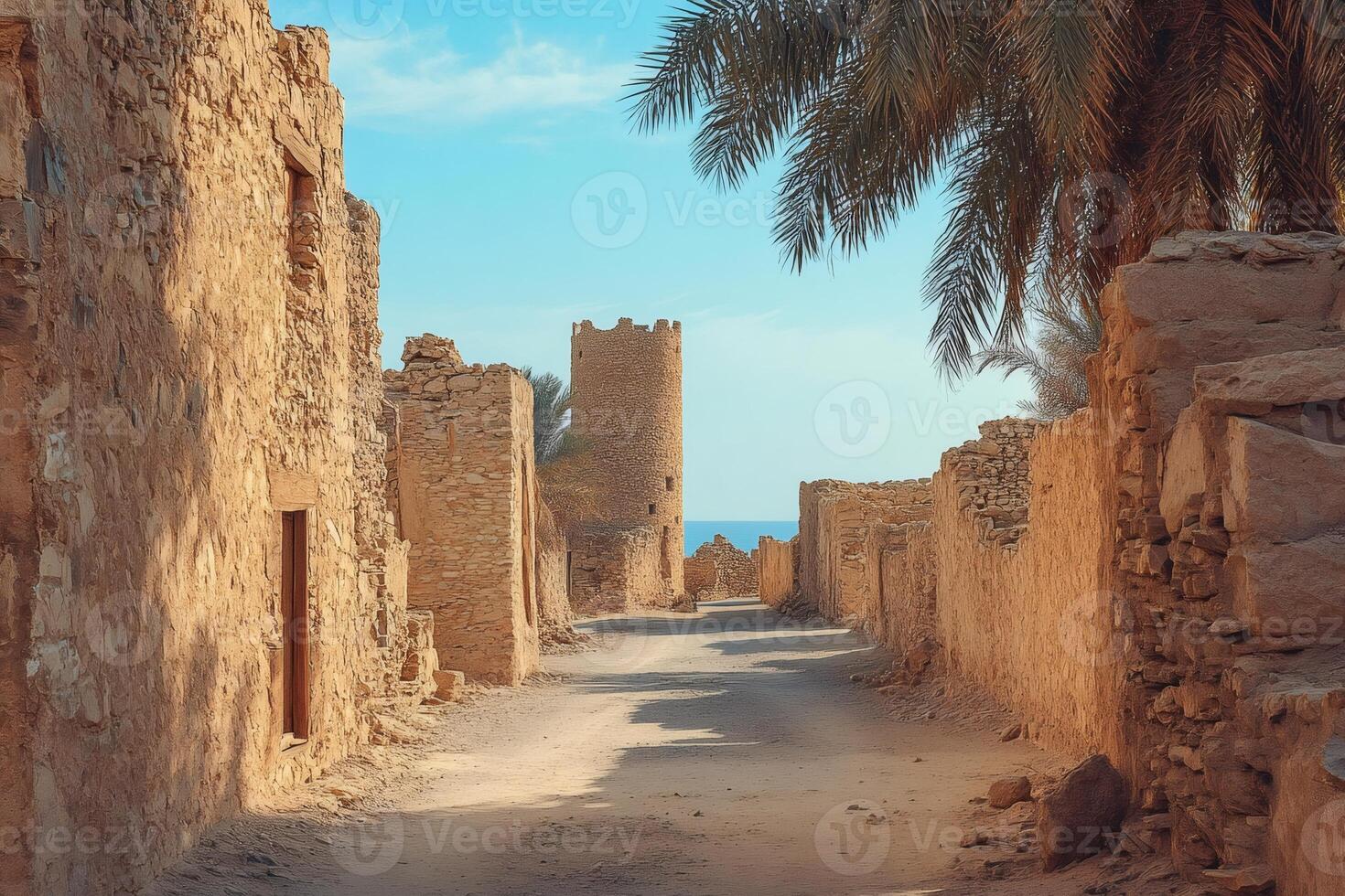 Exploring the enchanting ruins of an ancient coastal town with tower and palm tree photo