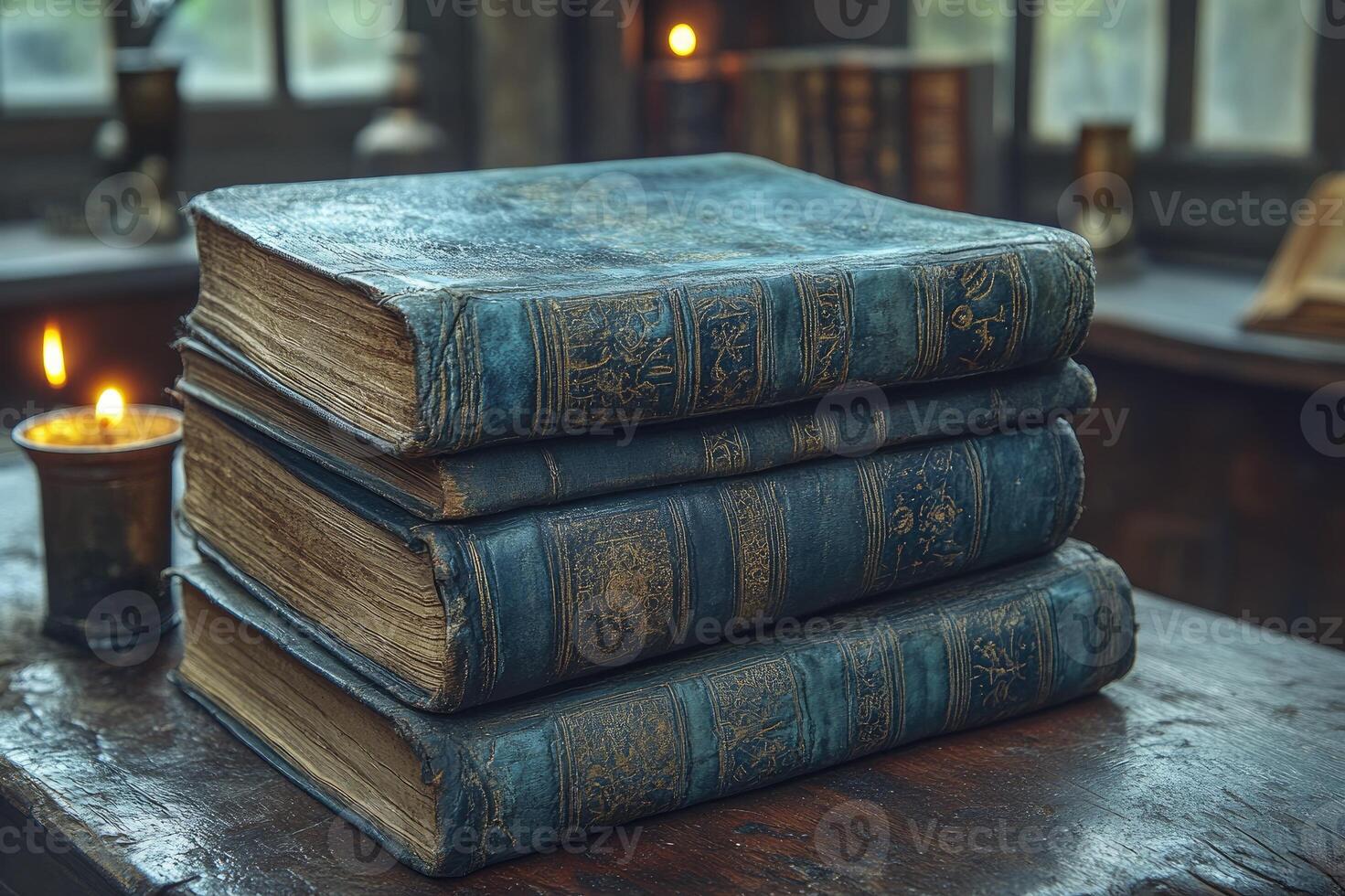 Stack of old leather bound books with candlelight creating cozy atmosphere photo