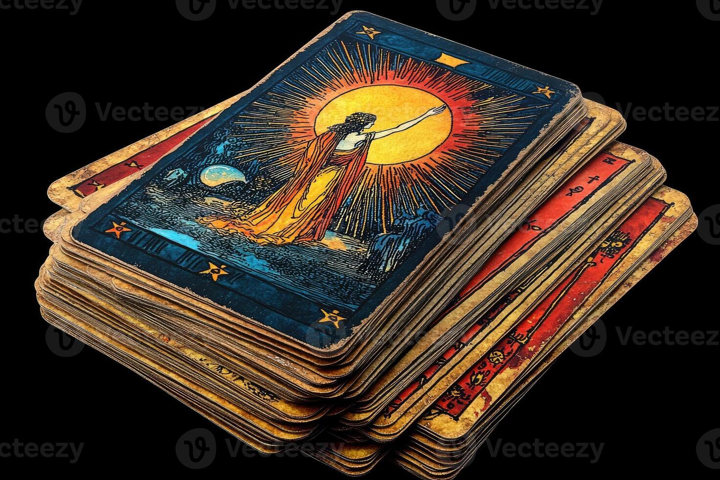 Stack of worn tarot cards showing the star arcana illustrating hope photo