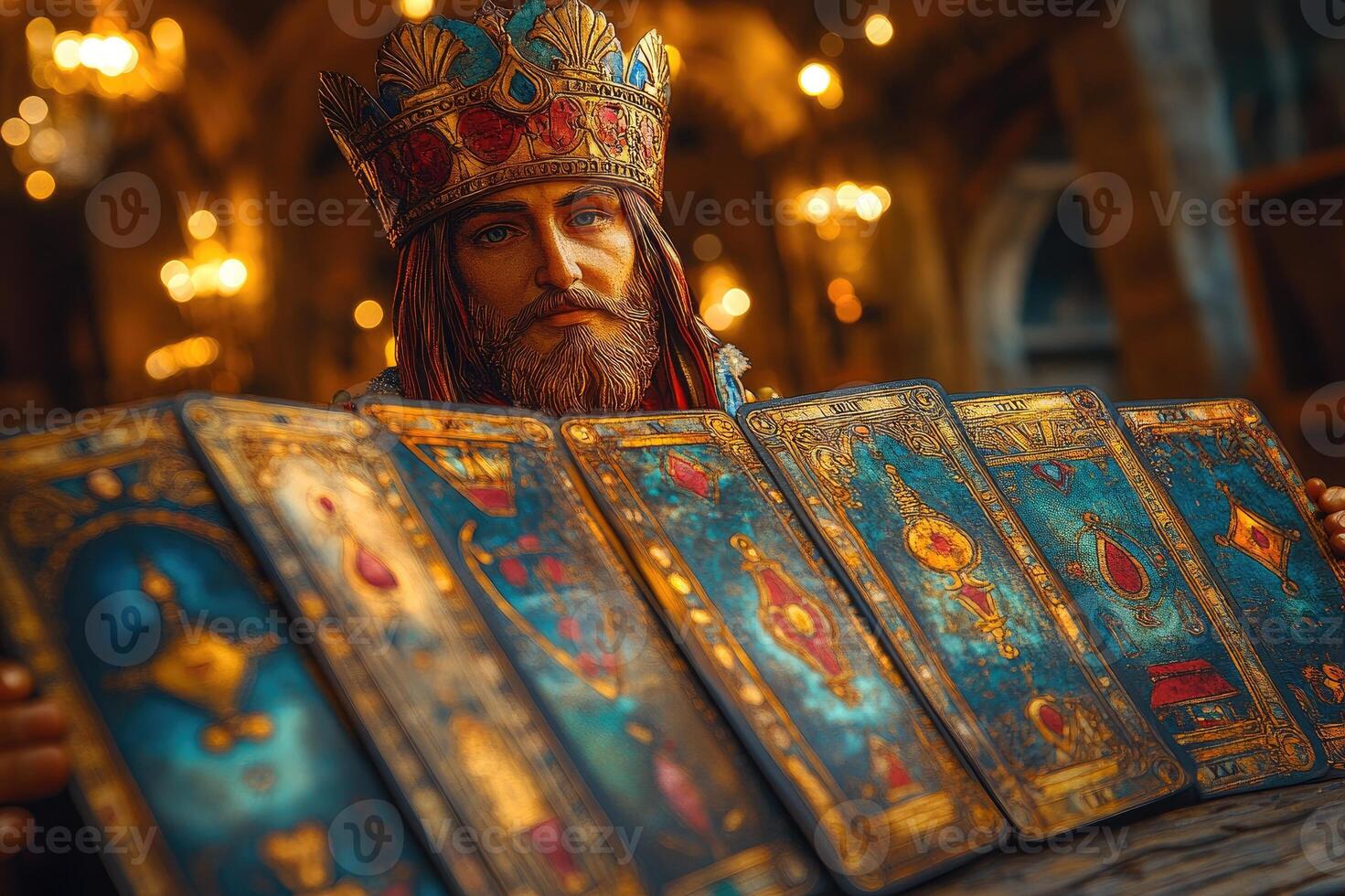 King with crown holding tarot cards, fortune telling session photo