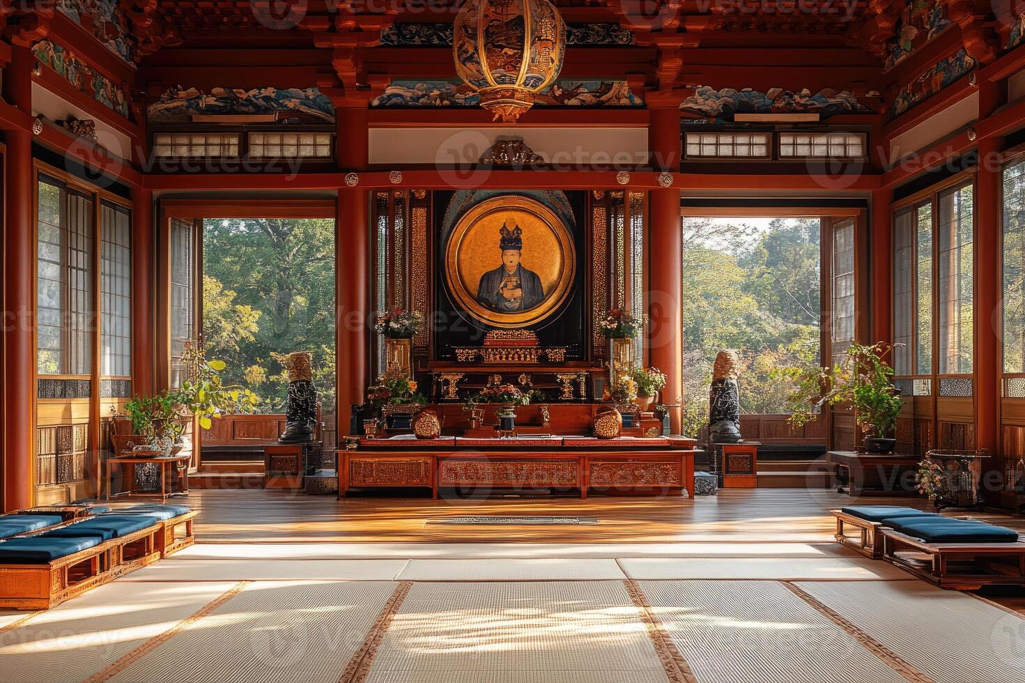 Tranquil japanese buddhist temple interior with sunlight shining through open doors photo