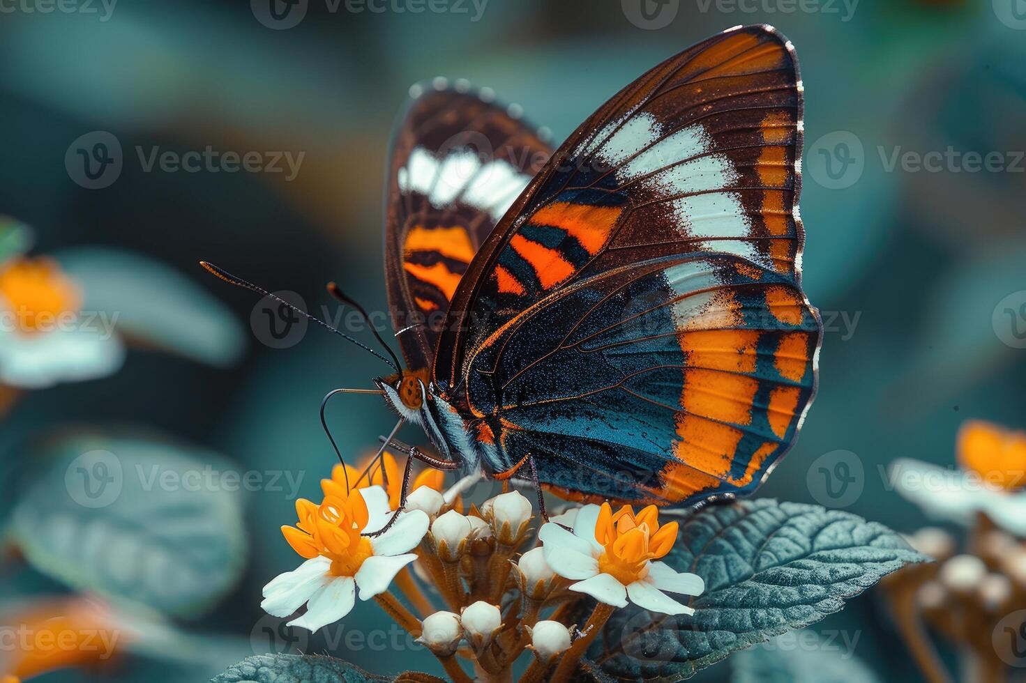 Beautiful butterfly with black and orange wings standing on a white and yellow flower photo