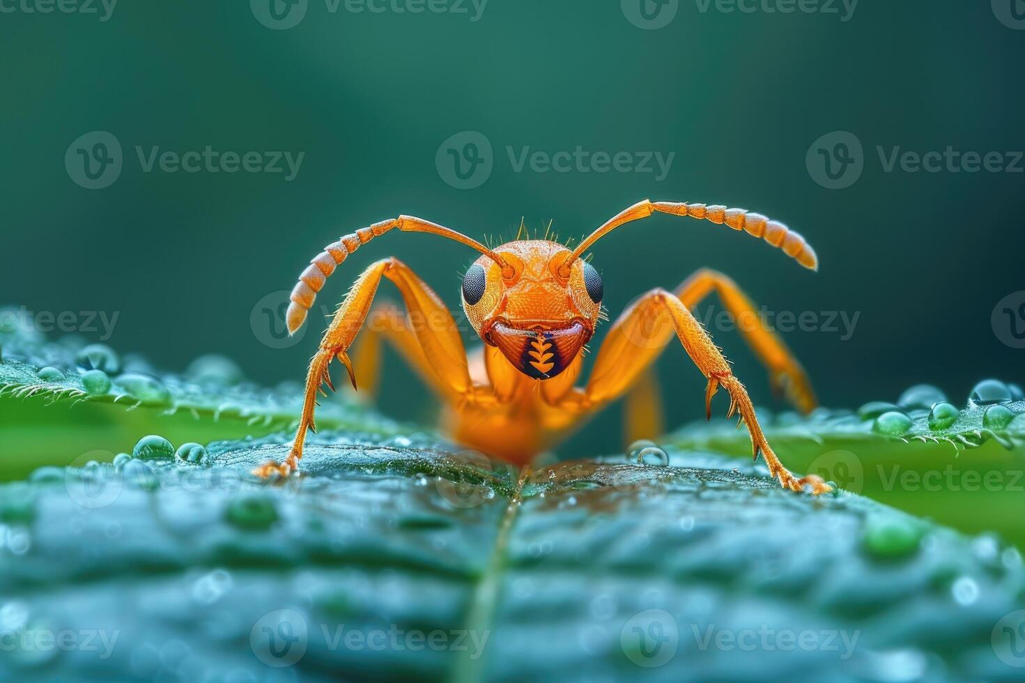 Weaver ant standing on a leaf covered with dew photo