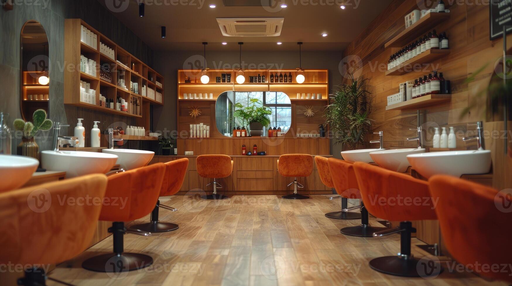 Modern hair salon with stylish interior and orange chairs, wooden accents. photo