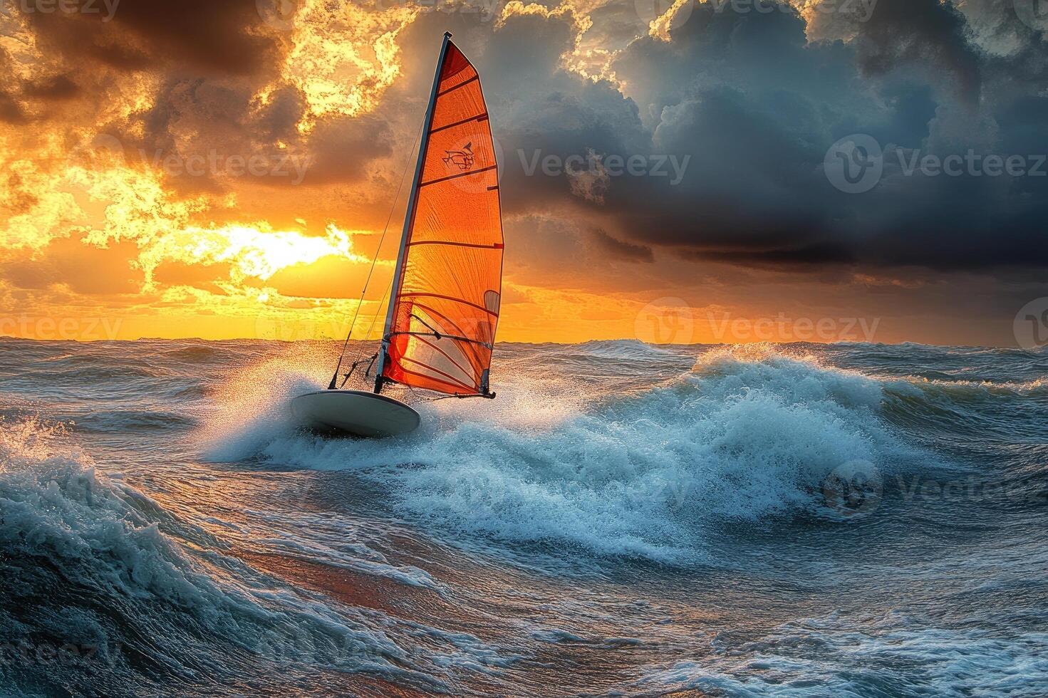 Experienced windsurfer surfing on waves on a windy day photo