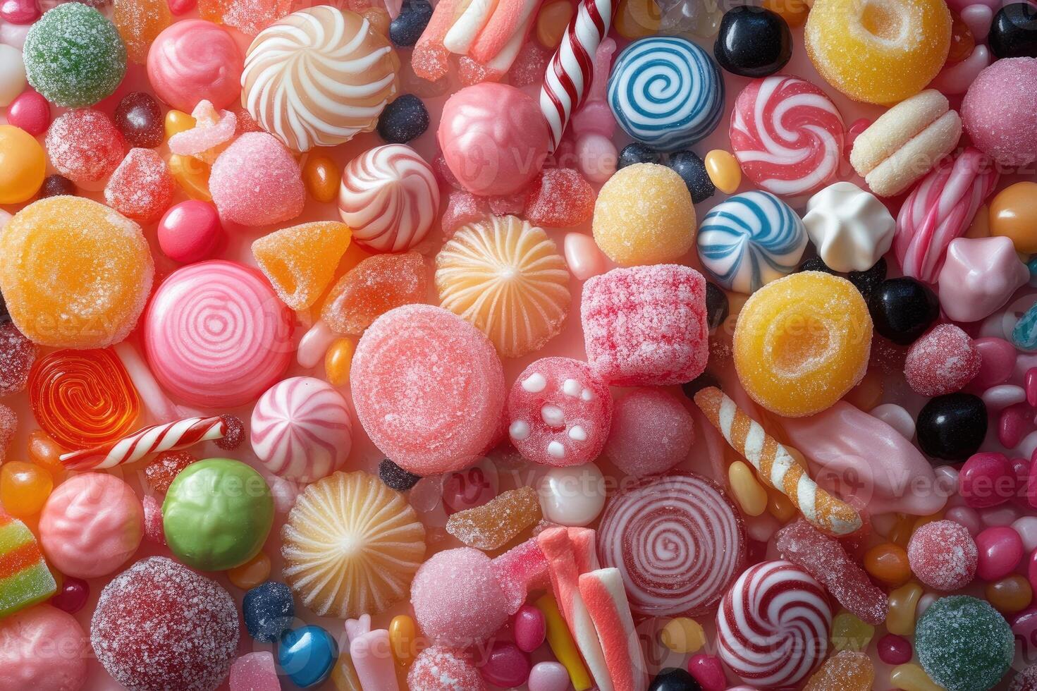 Colorful candies and lollipops covering a pink background. photo