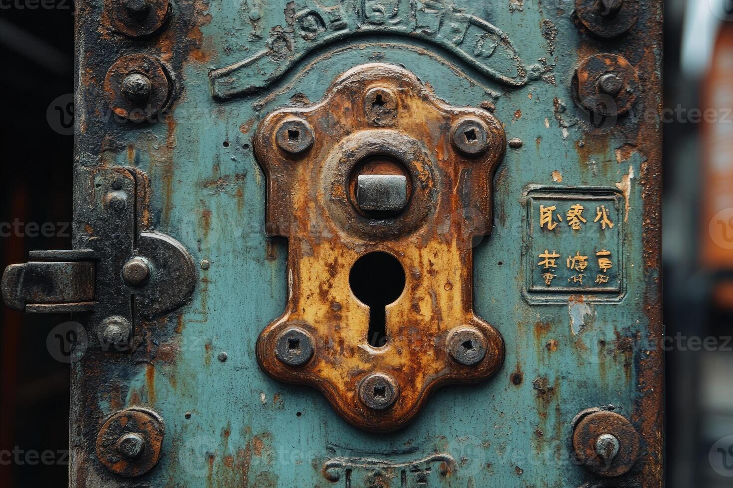 Old rusty lock showing its age on a weathered door photo